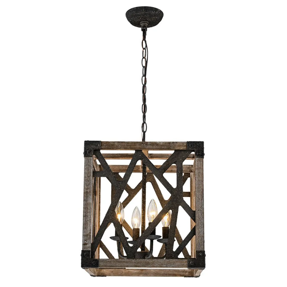 4-Light Distressed Wooden Square Cage Pendant Light