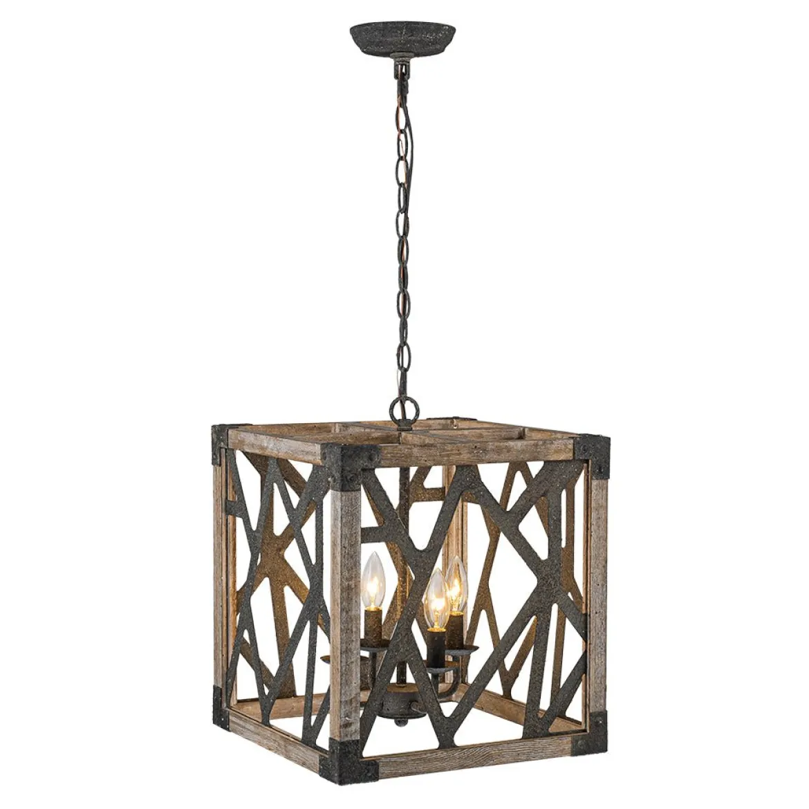 4-Light Distressed Wooden Square Cage Pendant Light