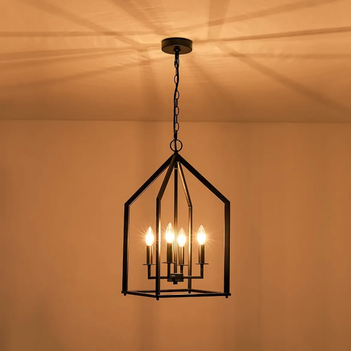 4-light Farmhouse Candle Style Black Lantern Pendant Light