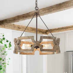 3-Light Farmhouse Open Aged Wood Drum Pendant Light