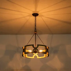 3-Light Farmhouse Open Aged Wood Drum Pendant Light