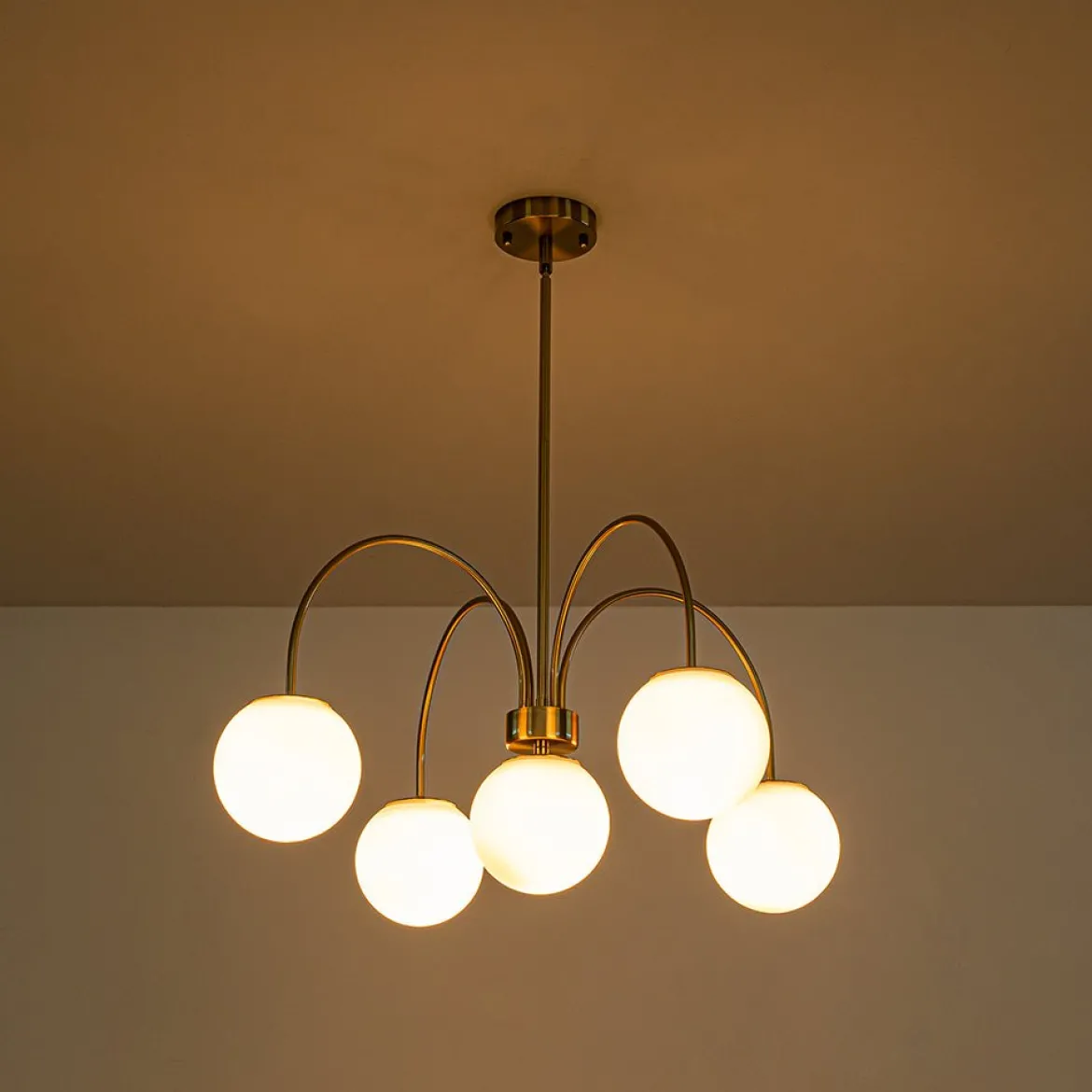 5-Light Goose Arm Opal Glass Globe Round Sputnik Chandelier
