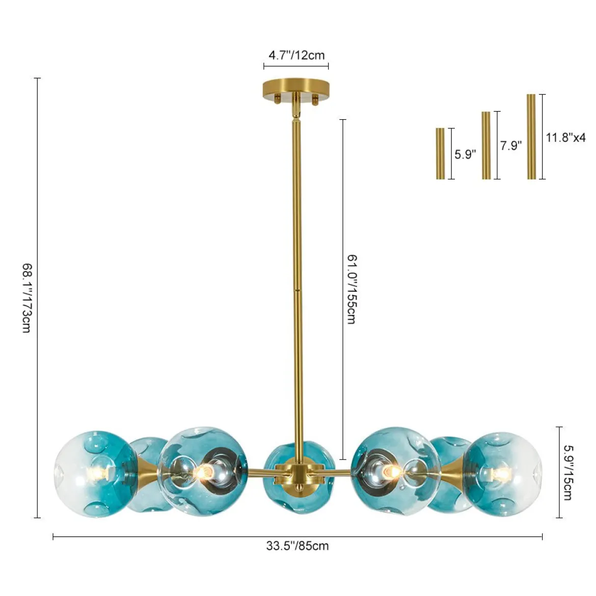 7-light Gradient Blue Glass Globe Round Sputnik Chandelier