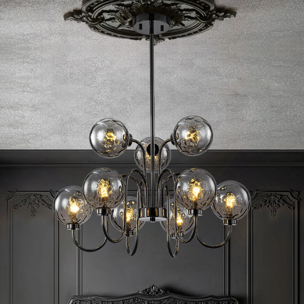 9-Light Hammered Smoked Glass Bubble Black Sputnik Chandelier