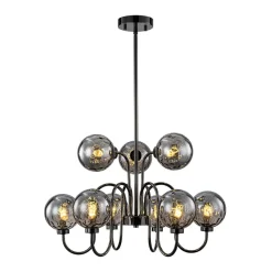 9-Light Hammered Smoked Glass Bubble Black Sputnik Chandelier