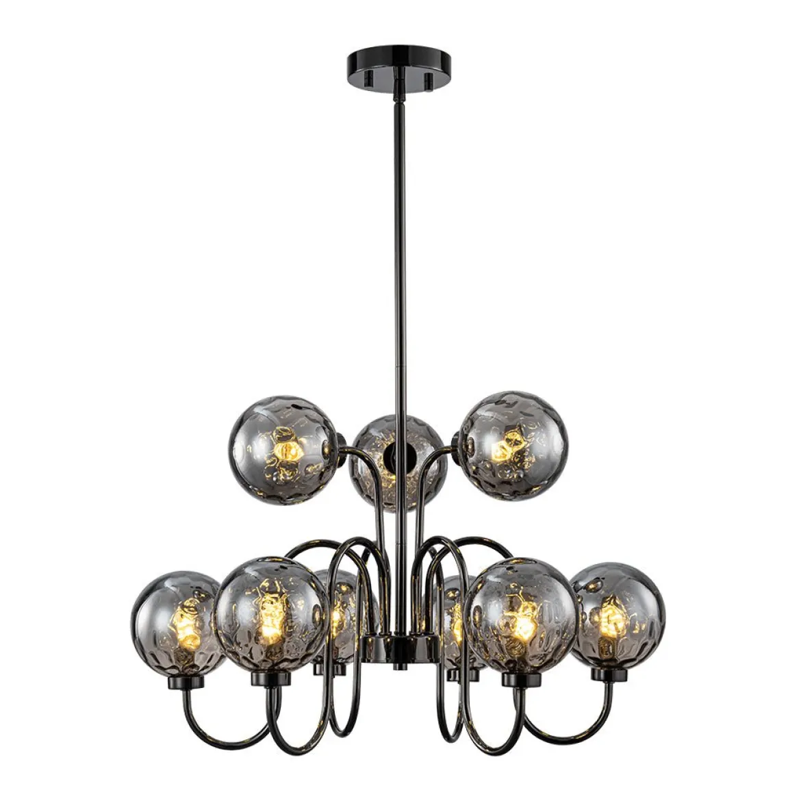 9-Light Hammered Smoked Glass Bubble Black Sputnik Chandelier
