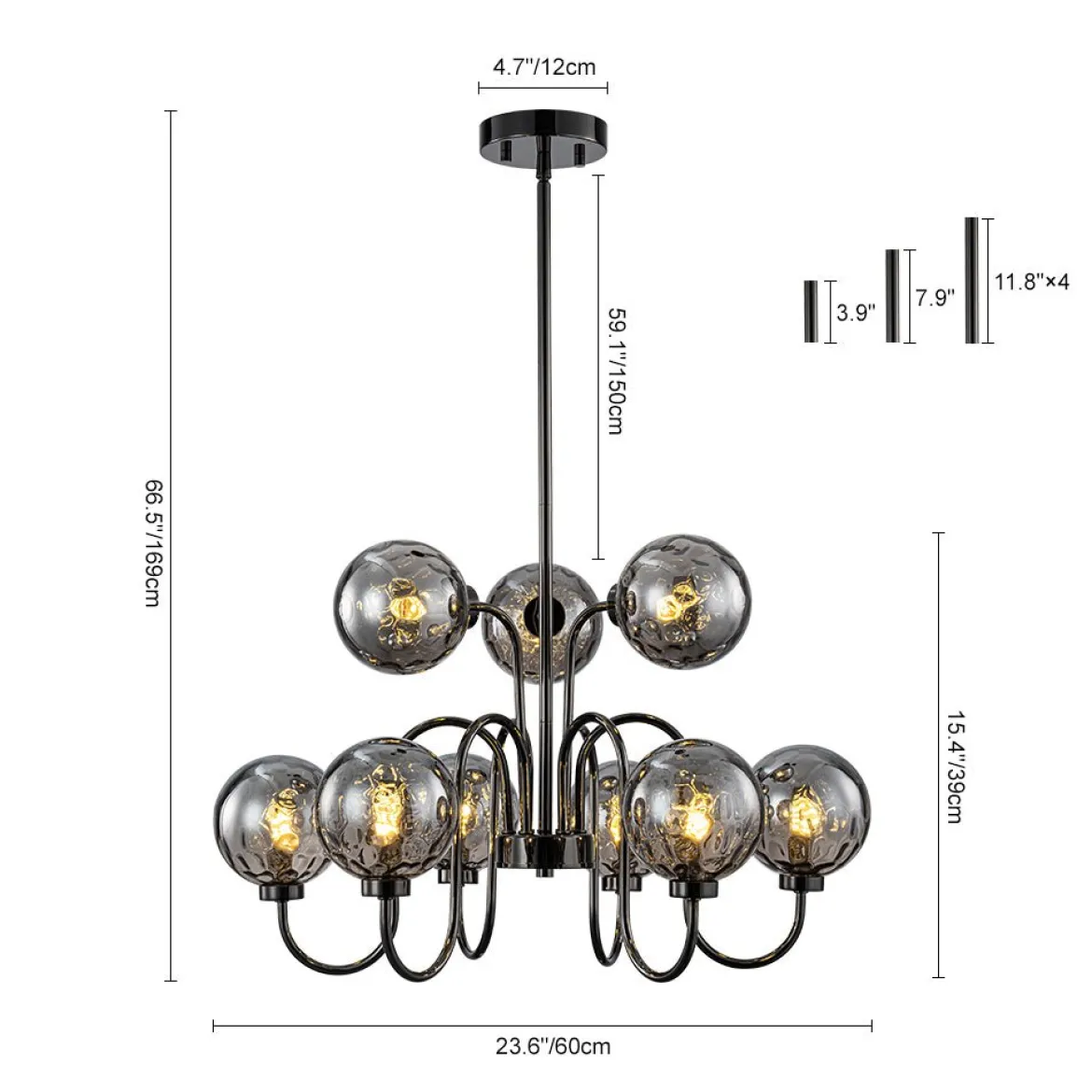9-Light Hammered Smoked Glass Bubble Black Sputnik Chandelier