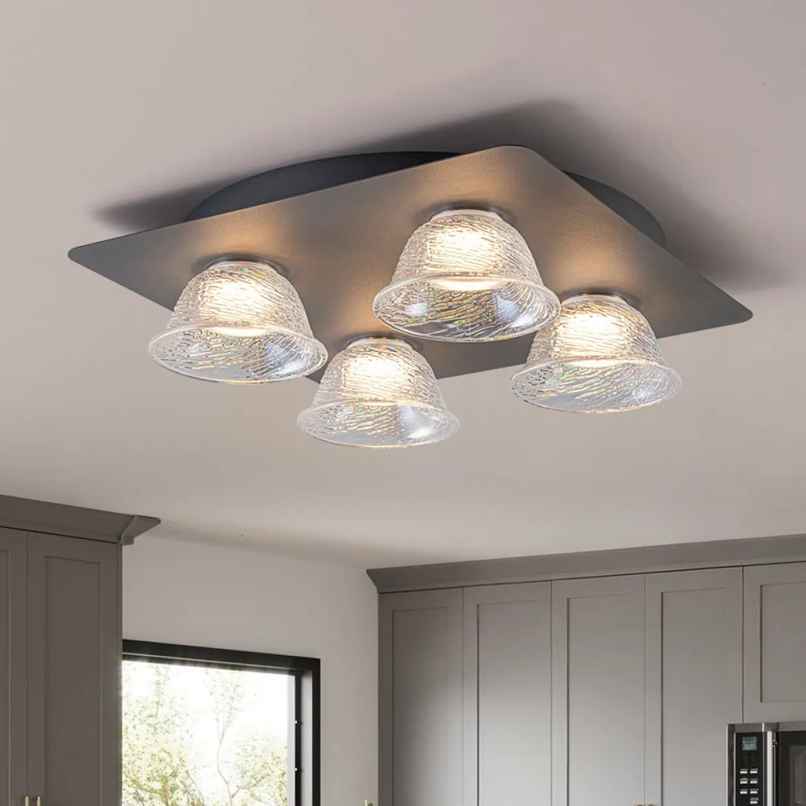 4-Light Iridescent Glass Bell LED Square Semi Flush Mount