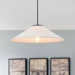 1-Light Large White Linen Shallow Conical Cage Pendant