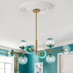 8-Light Linear Sputnik Tinted Blue Glass Bubble Chandelier