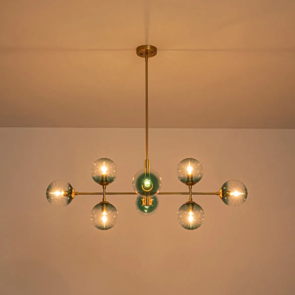8-Light Linear Sputnik Tinted Blue Glass Bubble Chandelier