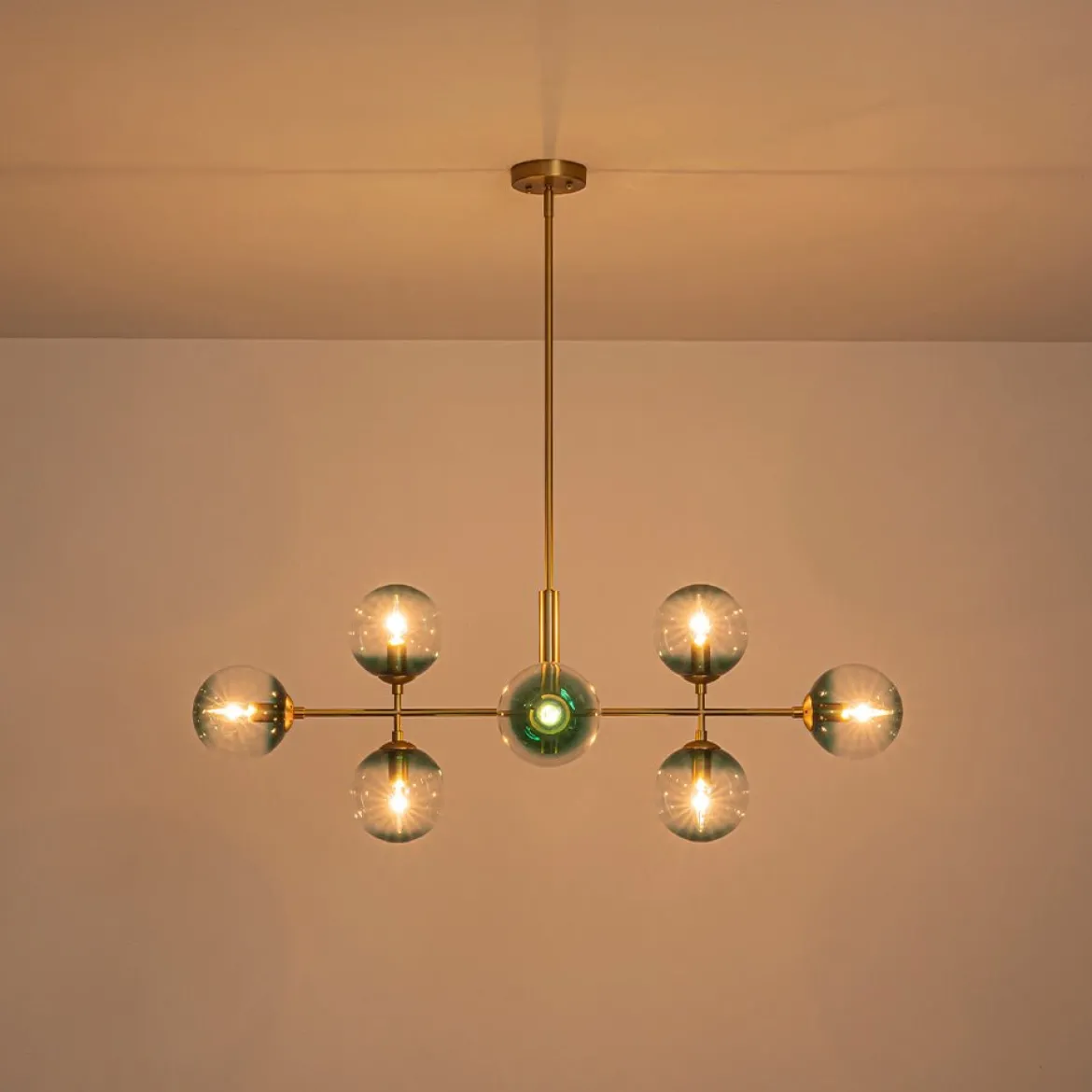 8-Light Linear Sputnik Tinted Blue Glass Bubble Chandelier