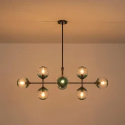 8-Light Linear Sputnik Tinted Blue Glass Bubble Chandelier