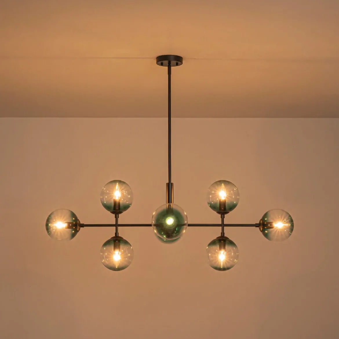 8-Light Linear Sputnik Tinted Blue Glass Bubble Chandelier