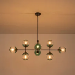 8-Light Linear Sputnik Tinted Blue Glass Bubble Chandelier