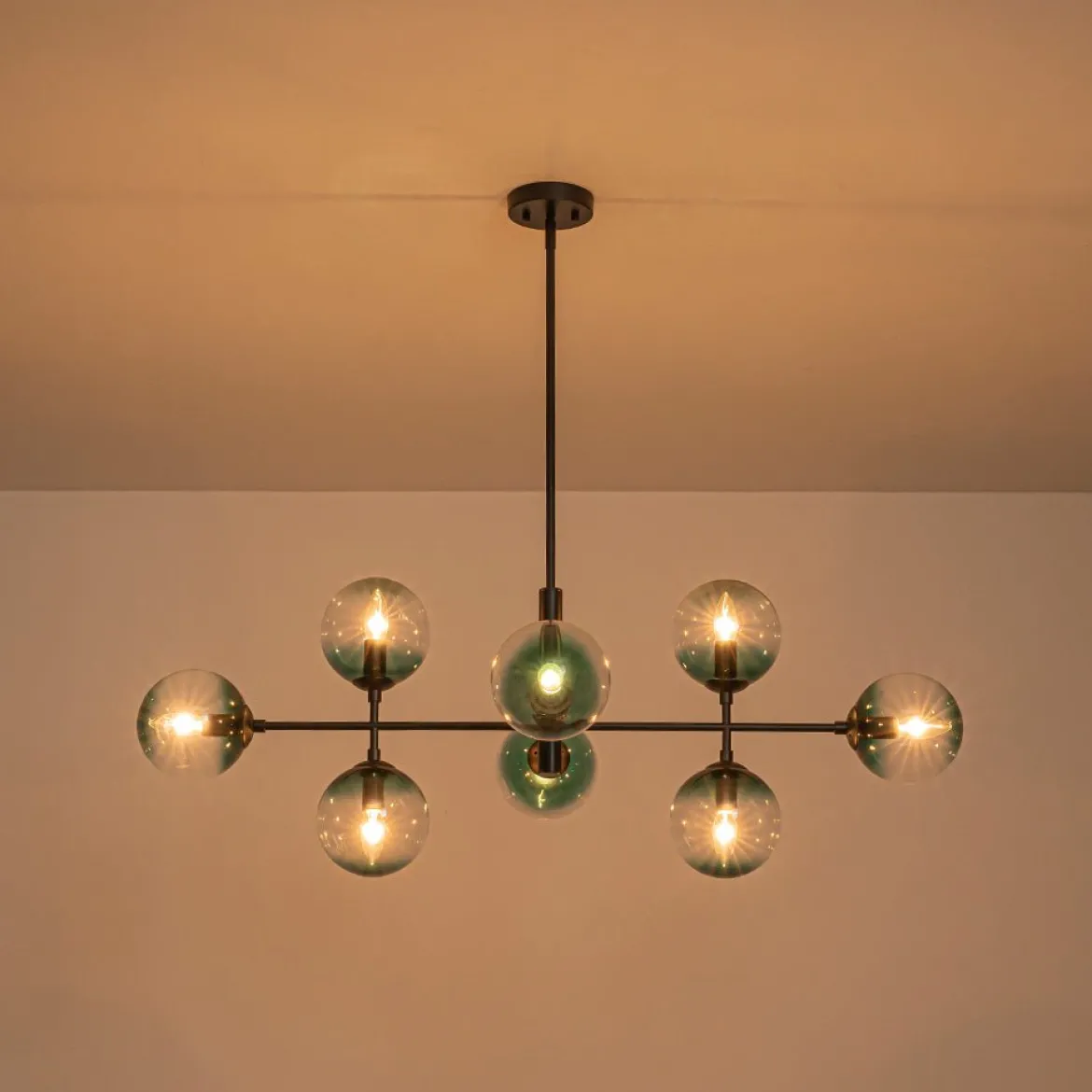 8-Light Linear Sputnik Tinted Blue Glass Bubble Chandelier