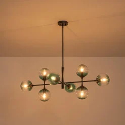 8-Light Linear Sputnik Tinted Blue Glass Bubble Chandelier
