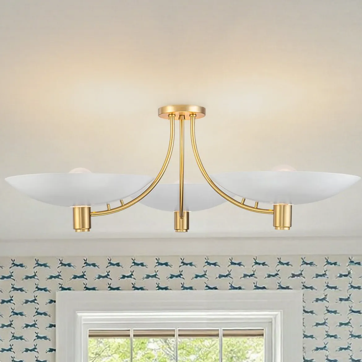 3-Light Modern Iron Brass White Saucer Semi Flush Mount