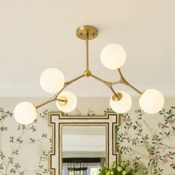 6-Light Opal Glass Globe Linear Branch Sputnik Chandelier