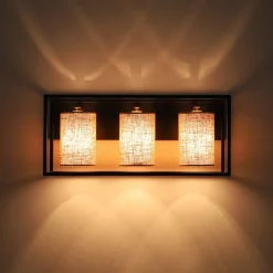 3-light Rectangular Black Frame Linen Wall Sconce