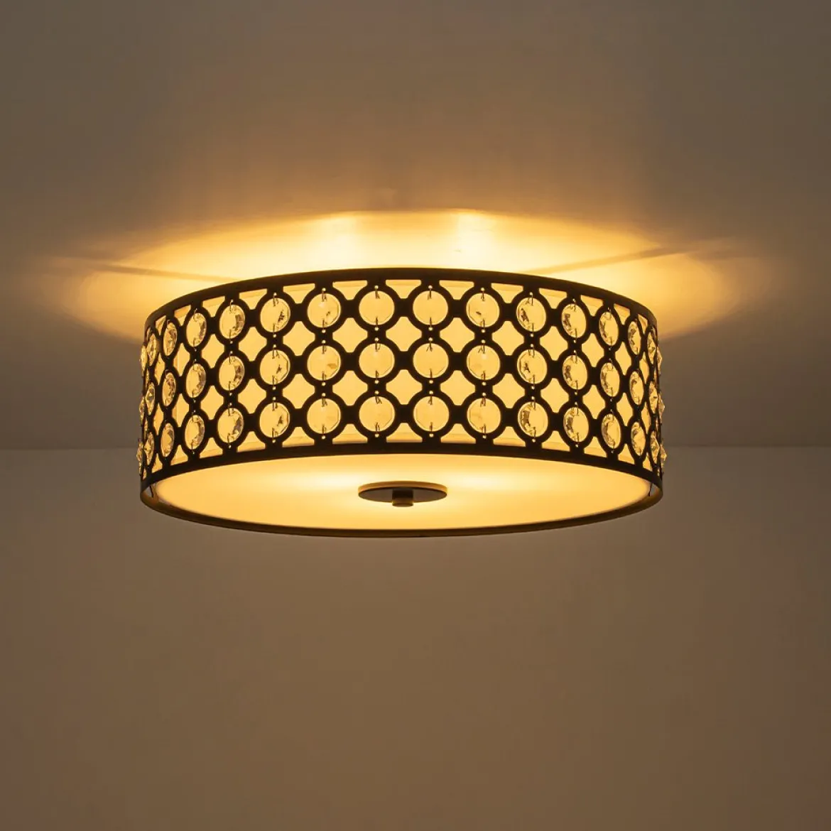 3-Light Round Drum Crystal Accented Fabric Flush Mount
