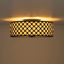 3-Light Round Drum Crystal Accented Fabric Flush Mount