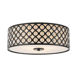 3-Light Round Drum Crystal Accented Fabric Flush Mount