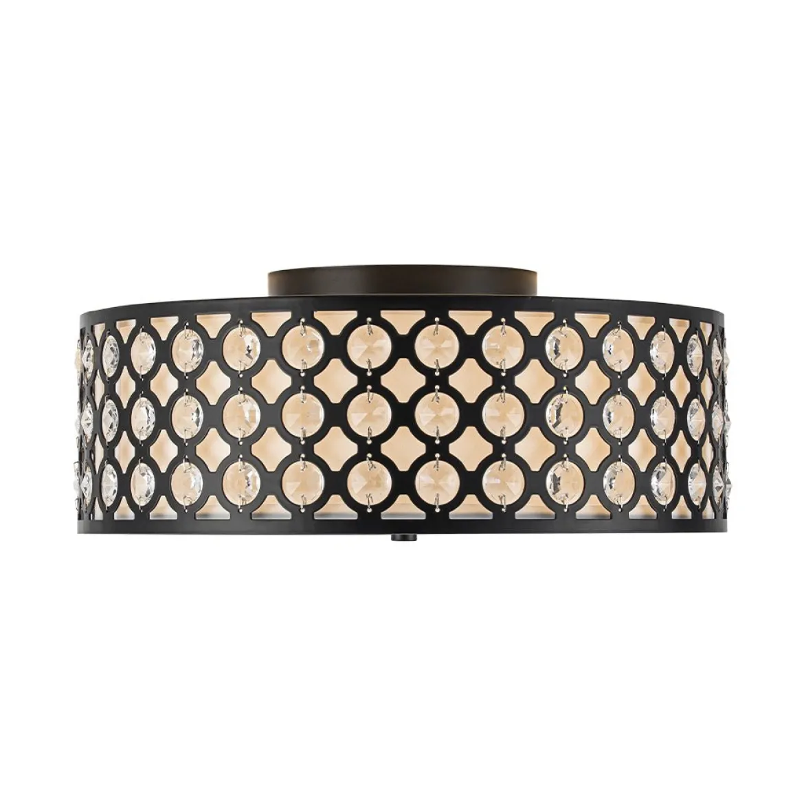 3-Light Round Drum Crystal Accented Fabric Flush Mount