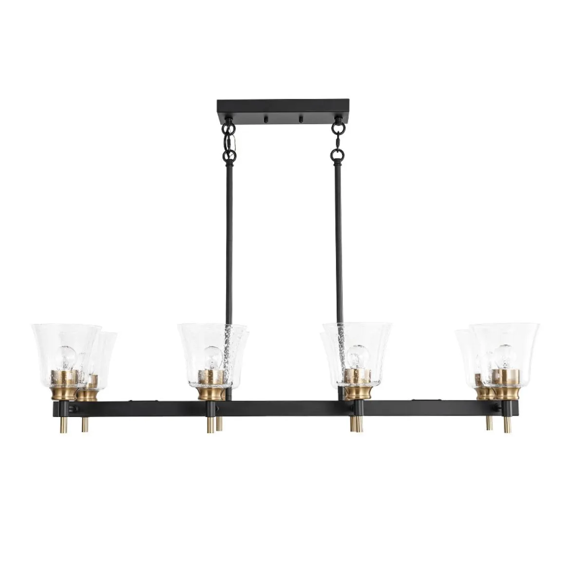 8-Light Seeded Glass Black Brass Linear Island Chandelier