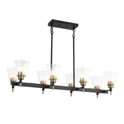 8-Light Seeded Glass Black Brass Linear Island Chandelier