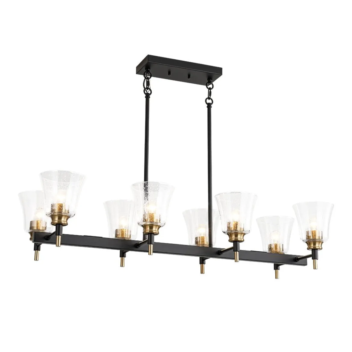 8-Light Seeded Glass Black Brass Linear Island Chandelier