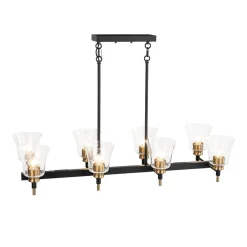 8-Light Seeded Glass Black Brass Linear Island Chandelier