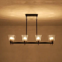 8-Light Seeded Glass Black Brass Linear Island Chandelier