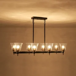 8-Light Seeded Glass Black Brass Linear Island Chandelier