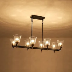 8-Light Seeded Glass Black Brass Linear Island Chandelier