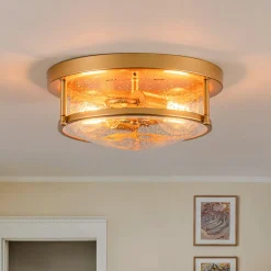 2-Light Seeded Glass Round Flush Mount Ceiling Light