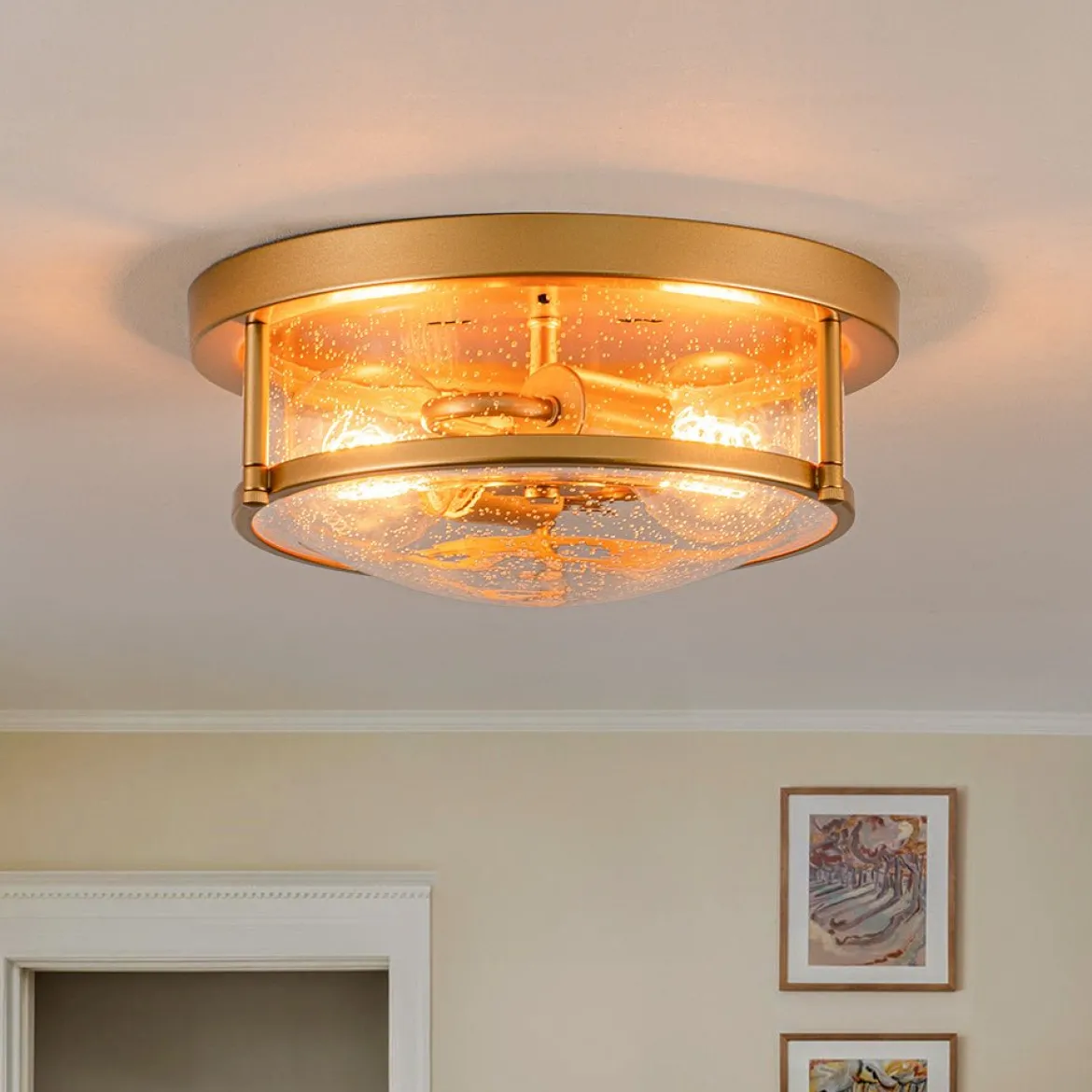 2-Light Seeded Glass Round Flush Mount Ceiling Light