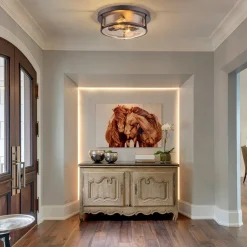 2-Light Seeded Glass Round Flush Mount Ceiling Light