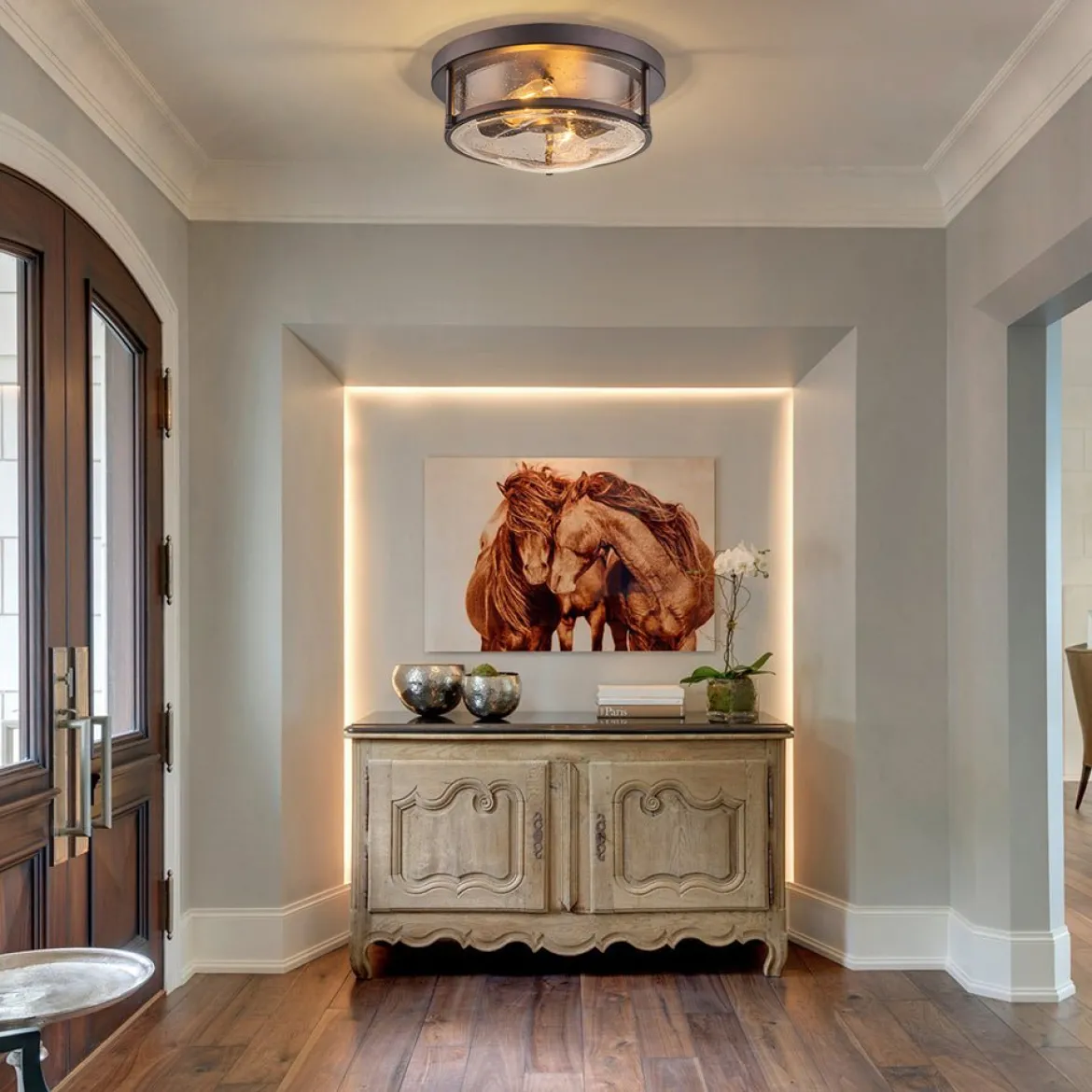 2-Light Seeded Glass Round Flush Mount Ceiling Light