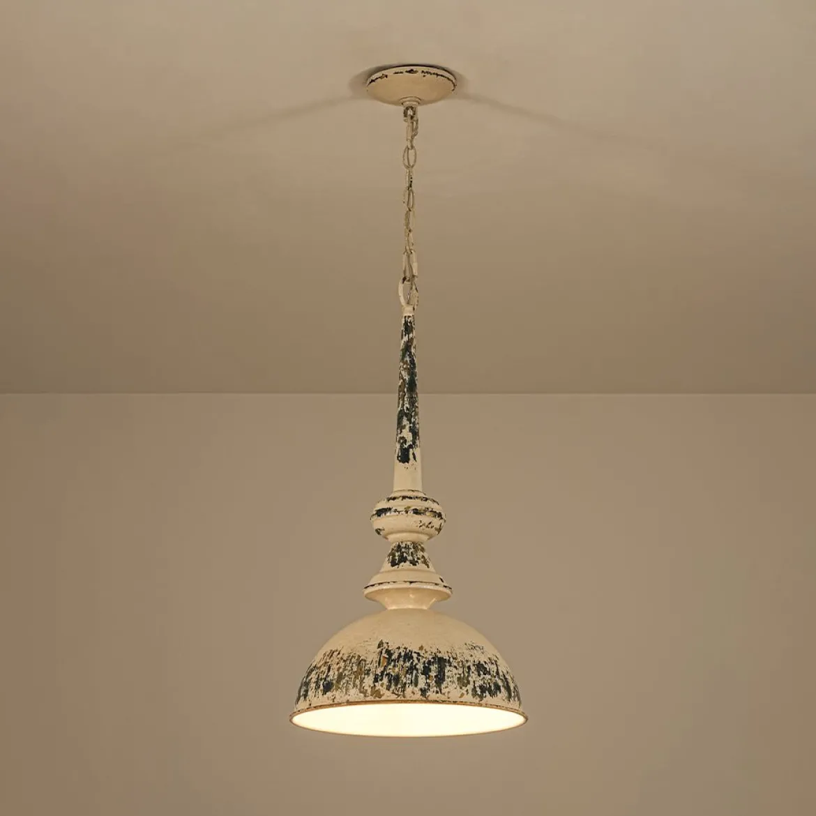 1-Light Shabby Chic Distressed Beige Metal Dome Pendant