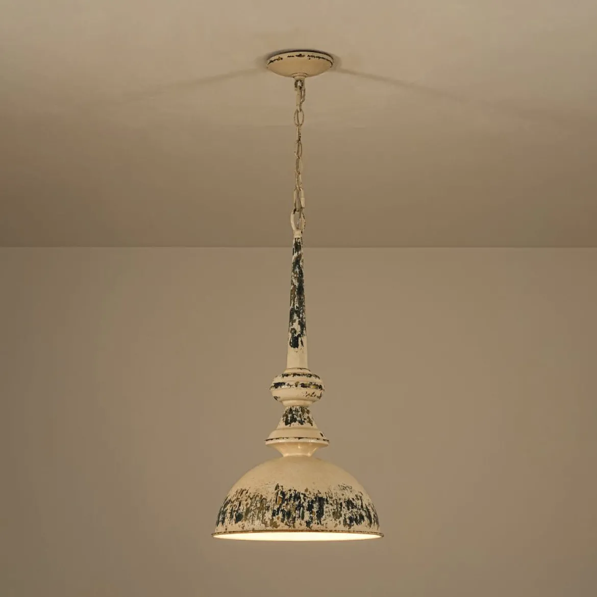 1-Light Shabby Chic Distressed Beige Metal Dome Pendant