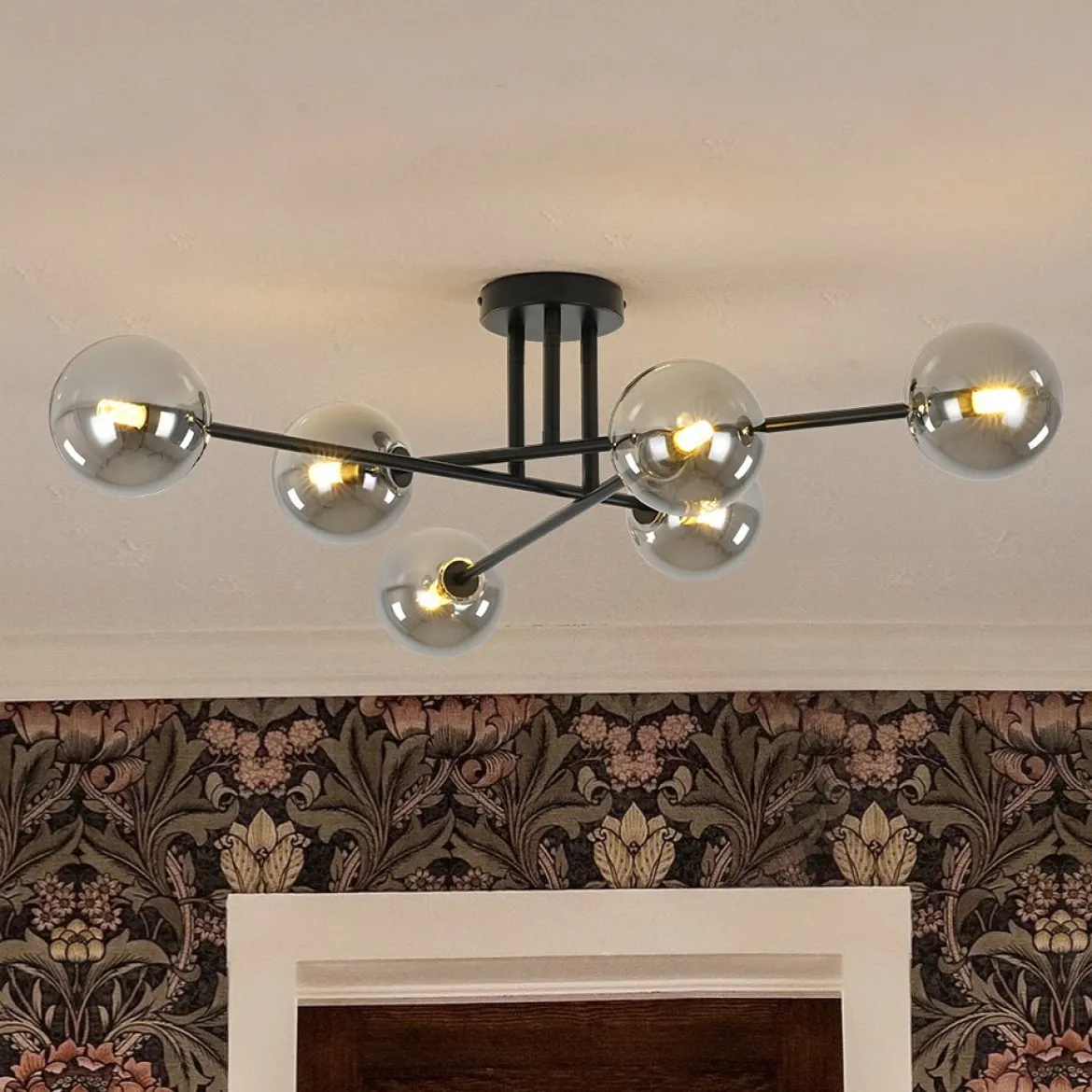 6-Light Smoked Glass Globe Linear Sputnik Semi Flush