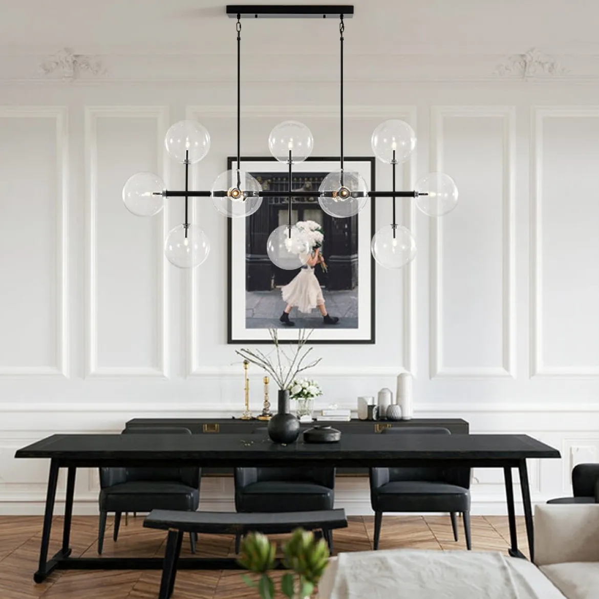 12-Light Sputnik Glass Globe Bubble Linear Island Chandelier