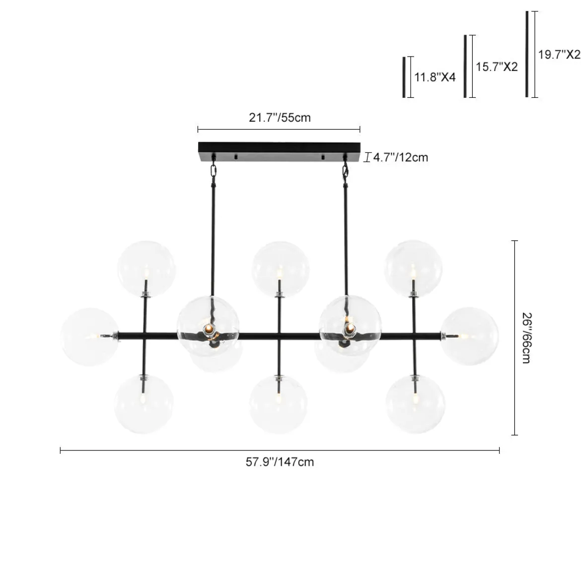 12-Light Sputnik Glass Globe Bubble Linear Island Chandelier