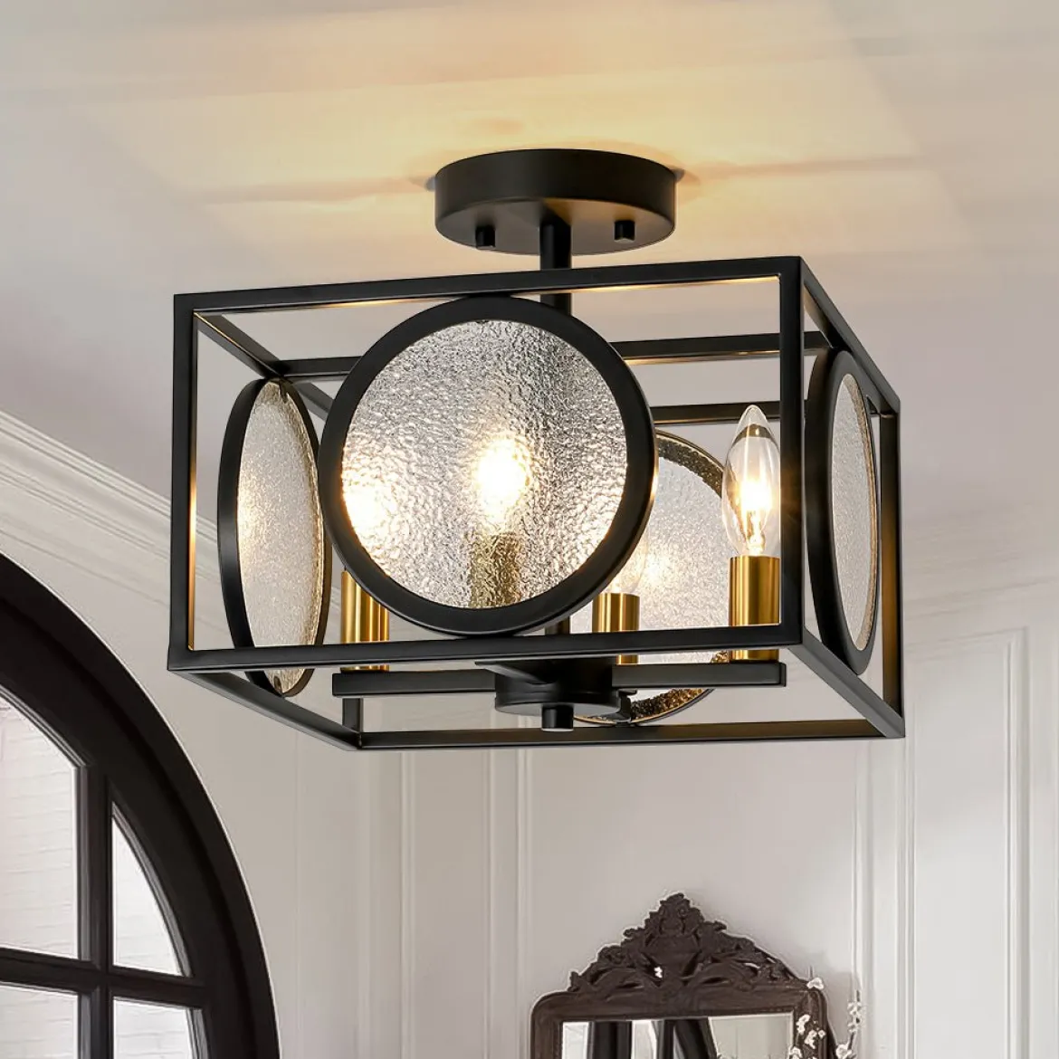 4-light Textured Glass Square Lantern Semi Flush Mount
