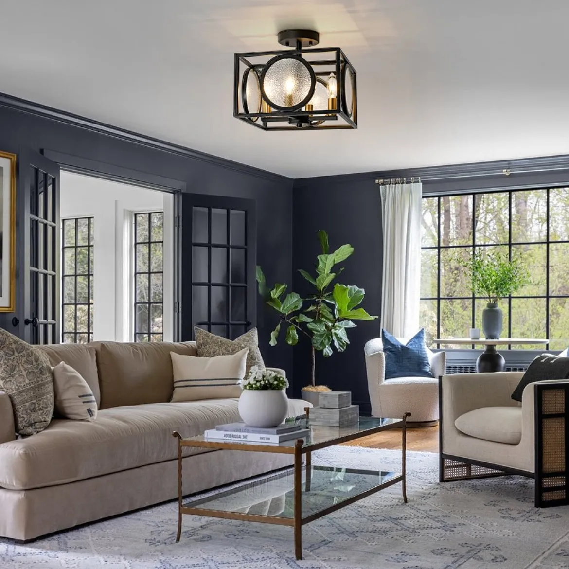 4-light Textured Glass Square Lantern Semi Flush Mount
