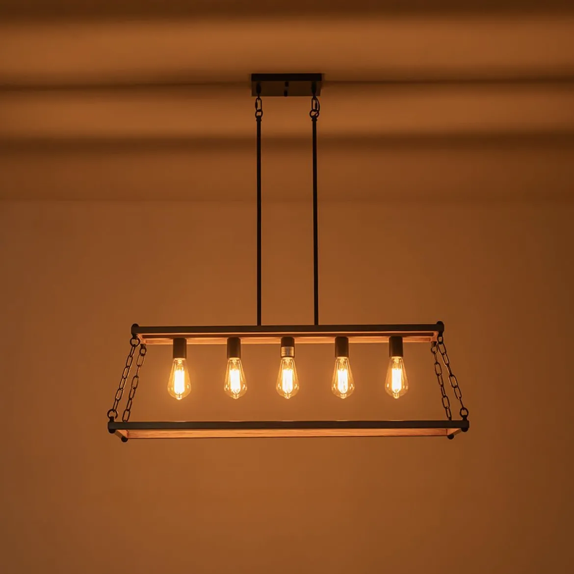 5-Light Trapezoid Wood Grain Chain Linear Island Chandelier