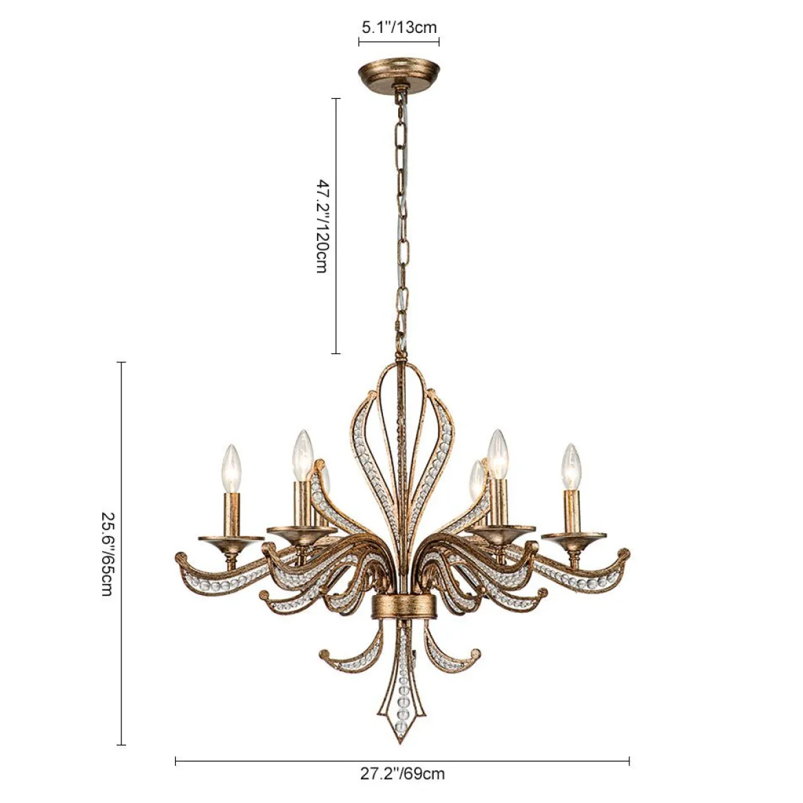 6-Light Vintage Candle Style Chandelier Crystal Beads