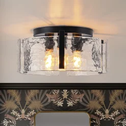 3-Light Water Textured Glass Drum Cage Semi Flush Mount