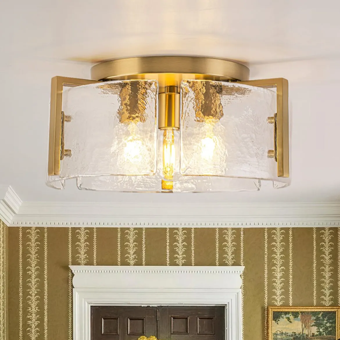 3-Light Water Textured Glass Drum Cage Semi Flush Mount